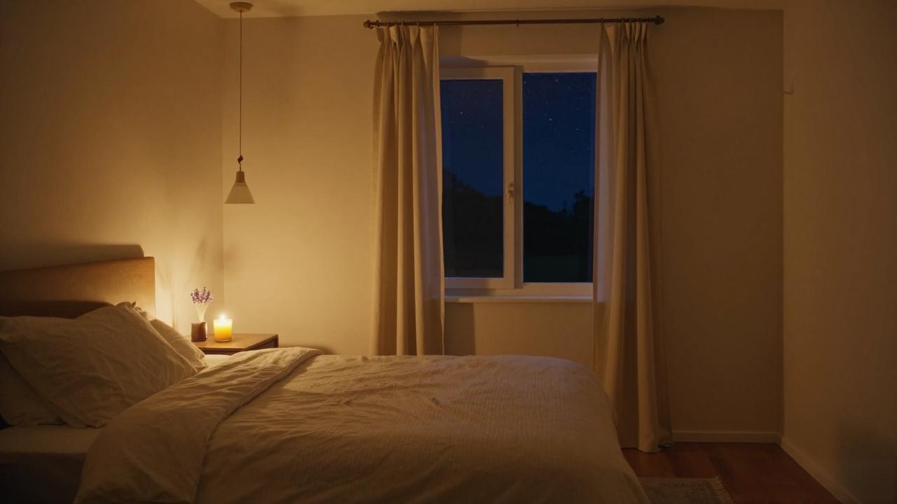 Safe use of a scented candle before bedtime with proper ventilation and candle snuffer