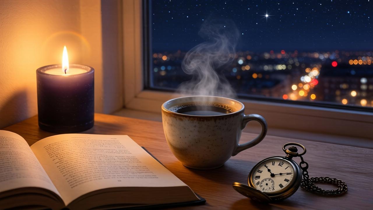 Nighttime reading setup with Deep Sleep soy candle lit on a desk, soft lighting, and an open book for a relaxing ambiance