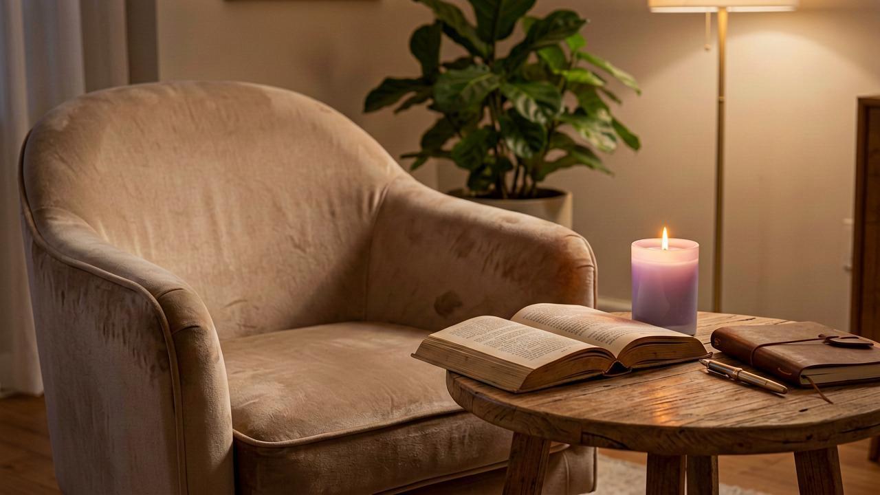 Cozy reading corner with lavender candle, books, and warm light creating a calm atmosphere